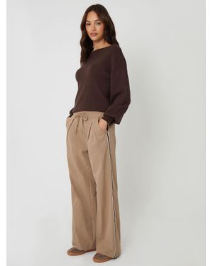 Threadbare Pleated Side Stripe Wide Leg Trousers - Brown