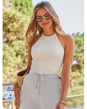 Sosandar Crochet Halter Neck Top - White