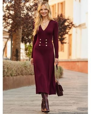 Sosandar Knitted Button Detail Fit & Flare Midaxi Dress - Braun