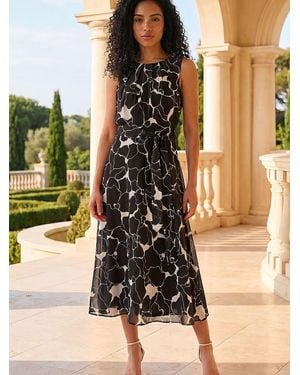 Roman Chiffon Floral Pleat Neck Dress - Black