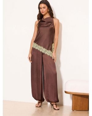 Lipsy Chocolate Lace Satin Hem Detail Cowl Halter Neck Top - Brown