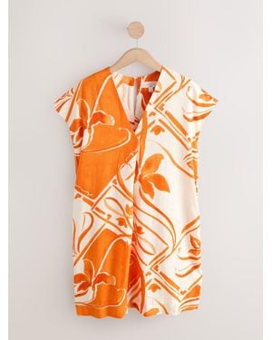Next Linen Blend Short Sleeve V-Neck Kaftan Mini Dress - Orange