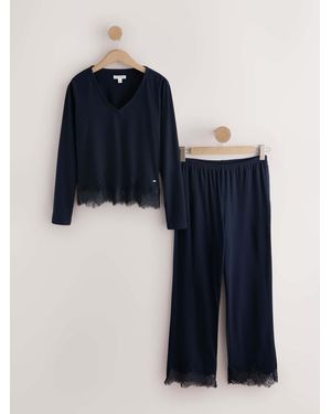 Next Lace Detail Cozy Ribbed Long Sleeve Pajamas - Blue