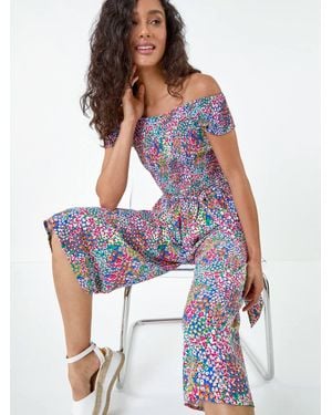 Roman Floral Shirred Stretch Bardot Jumpsuit - White