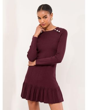 Lipsy Petite Knitted Scallop Buttoned Pleated Hem Mini Dress - Red