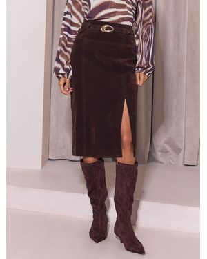 Lipsy Chocolate Belted Side Split Midi Skirt - Brown