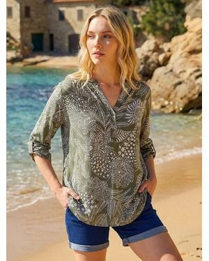 Roman Floral Puff Print Gathered Shirt - Green