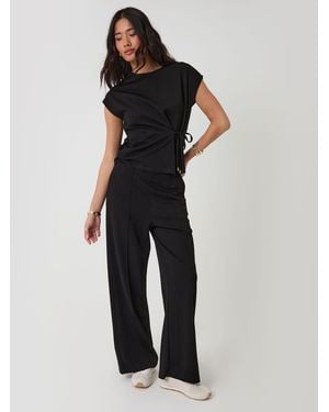 Threadbare Relaxed Fit Tie Top & Wide Leg Pants Set - Black