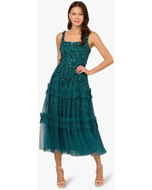 Adrianna Papell Beaded Mesh Ruffle Dress - Blue