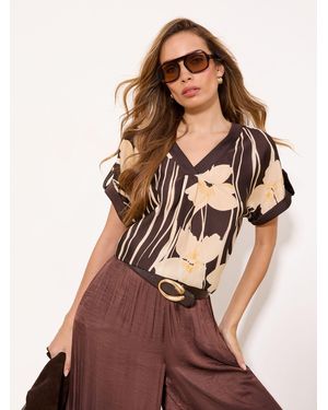 Lipsy Floral Print Utility V-Neck Short Roll Sleeve Top - Brown