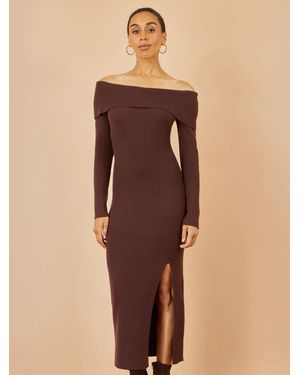 Yumi' Bardot Knitted Fitted Midi Dress - Natural