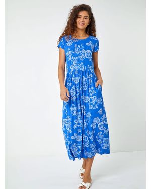 Roman Floral Print Midi Stretch Dress - Blue