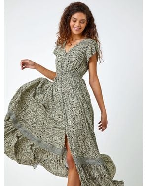 Roman Scribble Print Button Through Midi Dress - Green