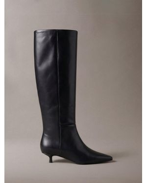 Calvin Klein Leather Kitten Heel Knee Boots - Black