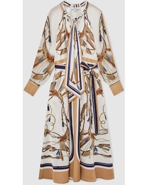 Reiss Neutral Foulard-Print Tie-Neck Midi Dress - White