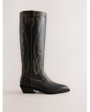 Next Chocolate Forever Comfort Standard/Wide Fit Suede Stitched Western Knee High Boots - Black