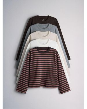 The Set 5 Pack Heavyweight Relaxed Long Sleeve T-Shirts/ Marl/Stripe/Neutral/Cream - Gray