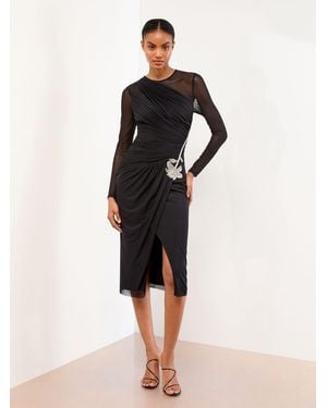 Lipsy Long Sleeve Embellished Trim Mesh Bodycon Midi Dress - Natural