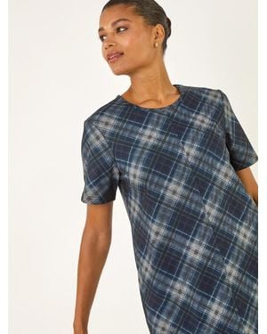 Roman Check Print T-Shirt Stretch Dress - Blue