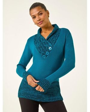 Roman V-Neck Overlap Button Detail Longline Sweater - Blue
