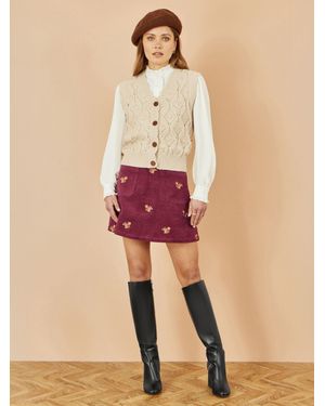 Yumi' Corduroy Embroidered Squirrel Mini Skirt - Natural