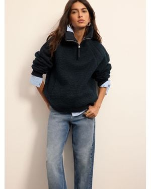 BHOEM Half Zip Borg Fleece Jackets With Wool & Patch Detail - Blue