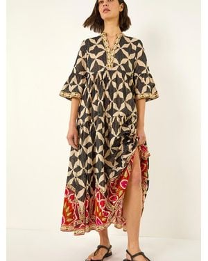 Roman Abstract Print Boho Maxi Dress - White
