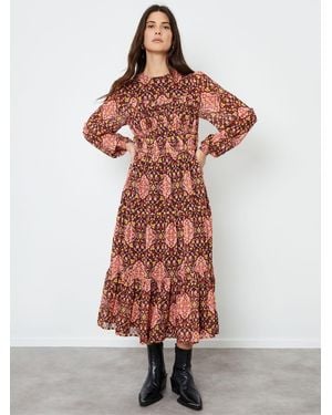 ANOTHER SUNDAY Geo Print Seam Detail Balloon Sleeve Tiered Midi Dress - Weiß