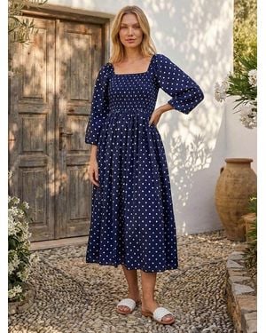 Roman Spot Shirred Midi Dress - Blue