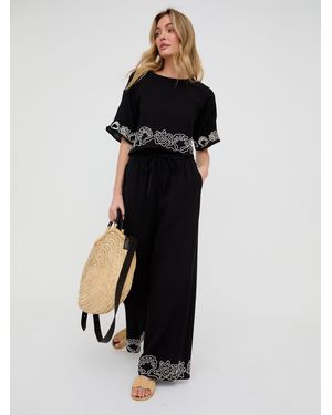 Raffya Milly Embroidered Split Open Back Blouse - Black