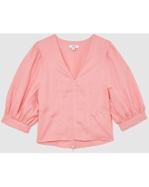 Reiss Evie Linen Balloon-Sleeve Top - Pink