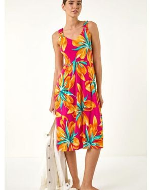 Roman Floral Print Shirred Back Midi Dress