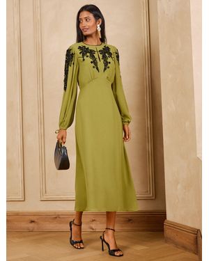 Love & Roses Embellished Tie Cuff Midi Dress - Green