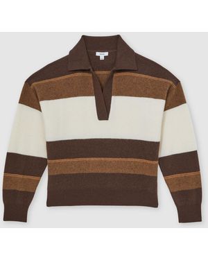 Reiss Simmy - Chocolate/cream Wool-cashmere Stripe Collared Jumper, L (us 12-14) - Brown