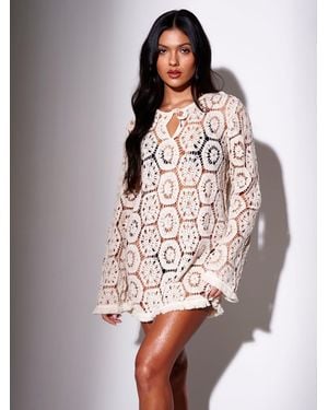 South Beach Crochet Fringe Tunic Long Sleeve Mini Beach Dress - Natural