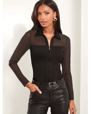 Lipsy Zip Front Jersey Rib Mesh Shirt - Black