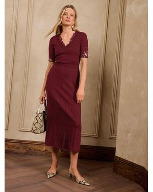 Love & Roses Lace Detail V-Neck Short Sleeve Knitted Midi Dress - Brown