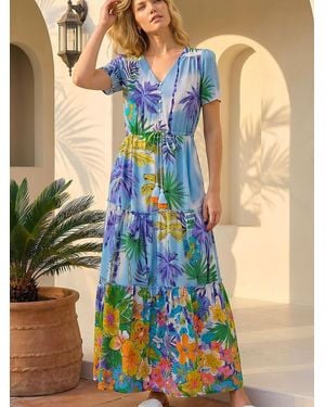 Roman Palm Print Tiered Button Dress - Blue