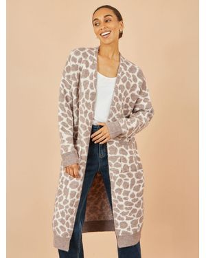 Yumi' Animal Print Intarsia Long Cardigan - Natural