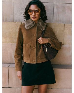 Friends Like These Fur Collar Short Faux Suede Jacket - Green