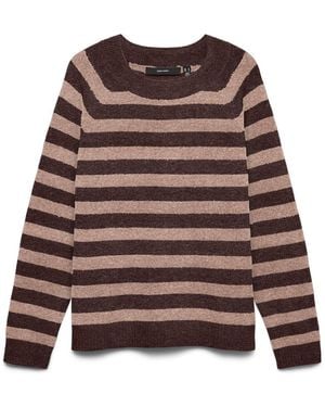 Vero Moda Stripe Round Neck Soft Touch Cozy Knitted Sweater - Brown