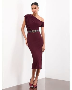 Lipsy Slash Off The Shoulder Jersey Hybrid Bodycon Belted Midi Dress - Red