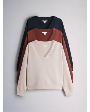 The Set V-Neck Cotton Loopback Crew Neck Sweatshirts 3 Pack Tan - Natural