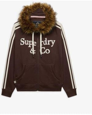 Superdry Vintage Fur Applique Logo Zip-Through Hoodie - Brown