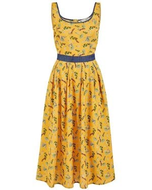 Yumi' Floral Print Skater 100% Cotton Dress With Denim Trims - Yellow