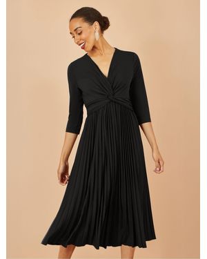 Yumi' Jersey Knot Waist Pleated Midi Dress - Black