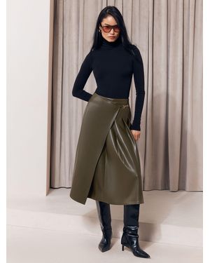 Lipsy Petite Faux Leather Trim Pleated Midi Skirt - Green