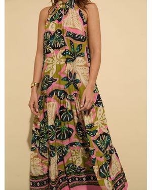 Baukjen Anouk Printed Sleeveless Lime Palm Maxi Dress - Blue