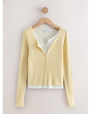 Next Butter/Ecru Ribbed Layer Button Up V-Neck Cardigan - Natural