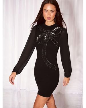 Lipsy Petite Embellished Bow Detail Knit Chiffon Sleeve Mini Dress - Black